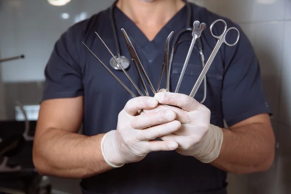 Surgeon man in operating room with medical tools in his hands