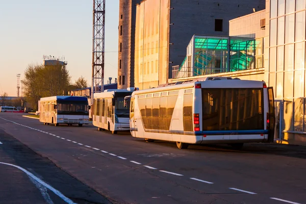 Airport buses in the morning light near the terminal under construction