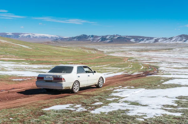 The car moves on a gravel road in the wilderness against the bac