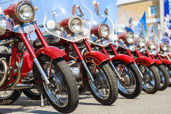 Exhibition of old Soviet motorcycle JAVA outdoors during the holiday of the day the city of Cheboksary.