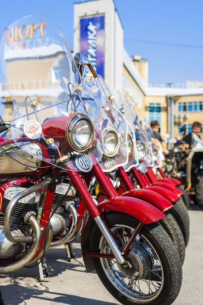 Exhibition of old Soviet motorcycle JAVA outdoors during the holiday of the day the city of Cheboksary.