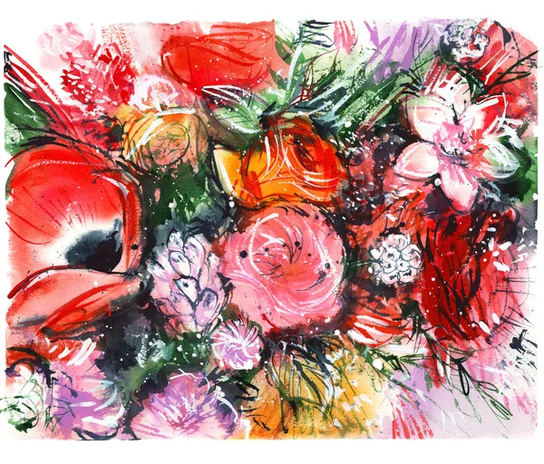 Red bouquet with poppy, roses, buttercups, watercolor painting