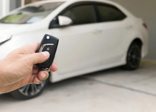 Hand holding button on the remote car.