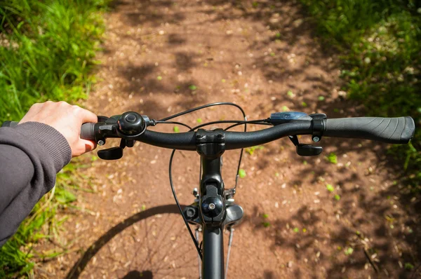 Hand on bicycle handlebar on bike lane in nature