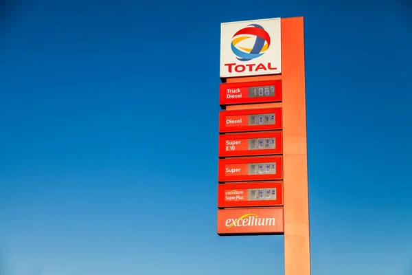 BURG / GERMANY - SEPTEMBER 15, 2016: german gas station price sign from total stands on gas station
