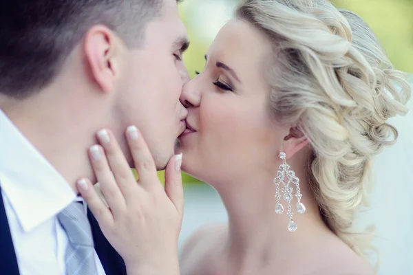 Beautiful bride and groom hugging in park