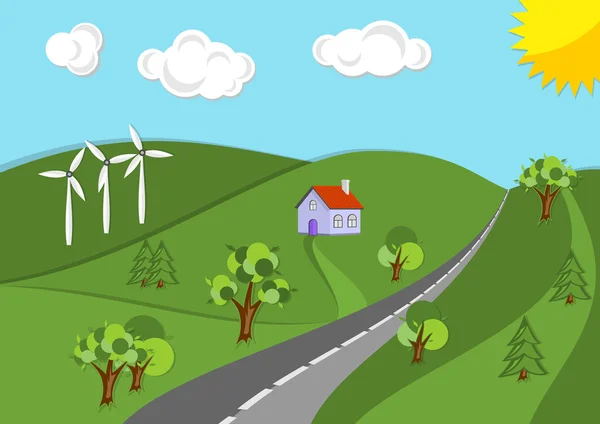 Vector summer or spring landscape background. Road in green valley, hills, wind turbines, and sun on the sky. Flat design nature illustration.