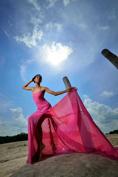 African-American girl in a pink dress posing on a hill against t