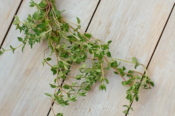 Fresh green herb thyme on white wooden background