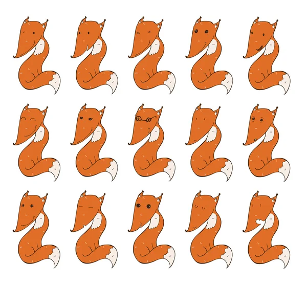 Set of cute foxes, with different emotions on face. Happy, funny, tired, lovely, kind, shoked. Vector illustration isolated on white background. Variations are hand drawn, with imperfections.