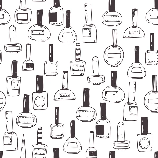 Seamless vector pattern with nail polish bottles, black and white. Handdrawn cute doodles in various shapes and caps. Illustration hand drawn with ink, fun, good for beauty shops or beauty salons.