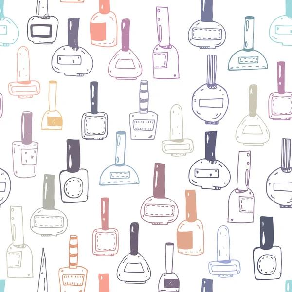 Seamless vector pattern with nail polish bottles, colorful on white. Handdrawn cute doodles in various shapes and caps. Illustration hand drawn with ink, fun, good for beauty shops or beauty salons.