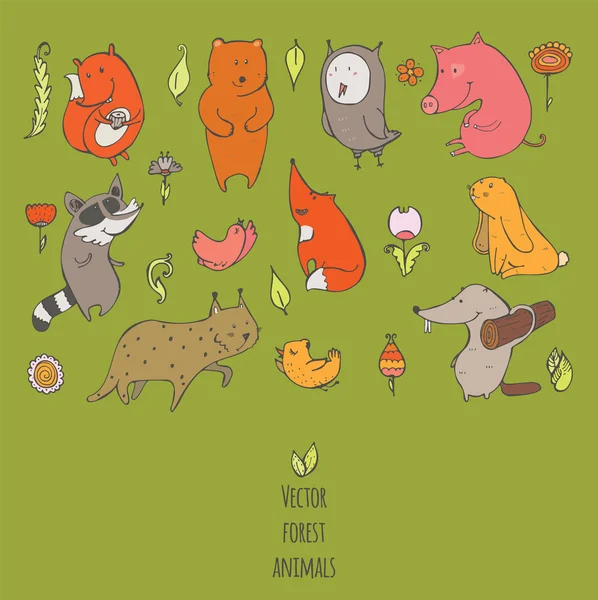 Vector illustration with cute and naive forest animals. Hand drawn colorful set, decorated with flowers and birds, isolated on green. Bear, fox, raccoon, squirrel, owl, beaver, lynx, bunny, pig.