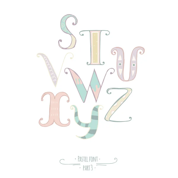 Pastel colored hand drawn vector font. Abc letters, decorated with hand drawn stripes, dots, swirls. Alphabet set of letters from S to Z, good for lettering design, kids illustration, print.