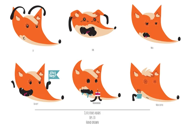 Cute vector set of playful foxes heads with various emotions. Oh hey, love you, meh, fml, need coffee. Hand drawn cute illustration isolated on white background.
