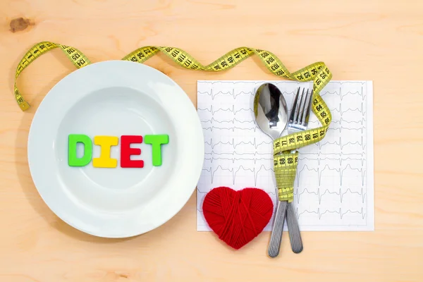 Diet word on the plate. A low-calorie diet for weight loss. Dietary food to prevent health problems