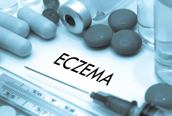 Eczema. Treatment and prevention of disease. Syringe and vaccine. Medical concept. Selective focus