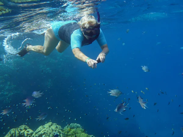 The woman is fond of an underwater photo