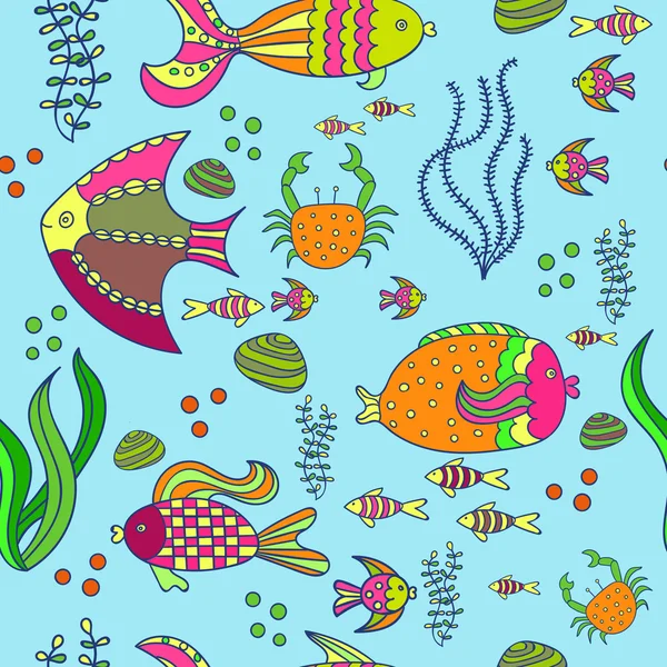 Underwater world in bright colors. Seamless background with sea fishes.