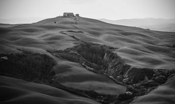 Black and white landscape with hill and a house on the top in tuscany