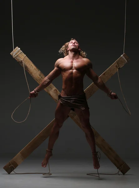 Sexual naked man, muscular, hands tied rope to wooden beams