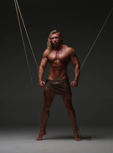 Young naked man, muscular body, bounded with rope