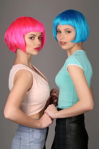 Girls in colorful wigs holding hands and posing. Close up. Gray background
