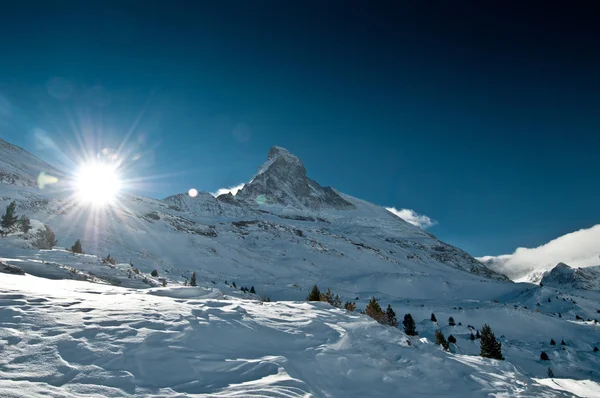 View on snowy Matterhorn peak in sunset time with snow and forest trees in foreground and blue sky and sun in background, Switzerland