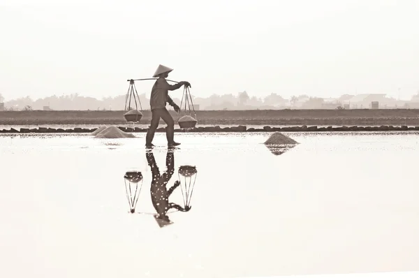 Salt field in Nha Trang, Viet Nam. Workers harvesting and transporting salt from the fields in Hon Khoi, Viet Nam.
