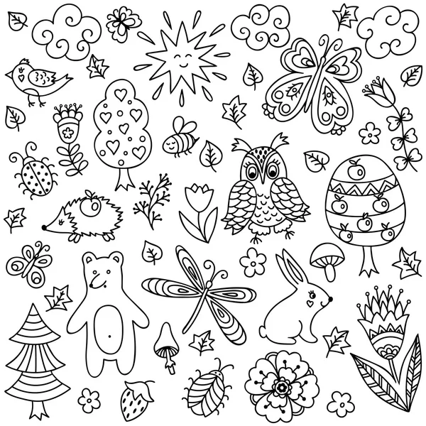 Vector forest elements in doodle childish style, handdrawn animals and insects, trees and plants.