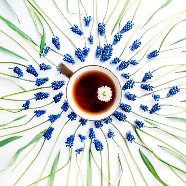Blue muscari flowers and cup