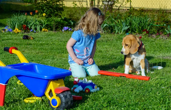 Little girl play with dog in the garden