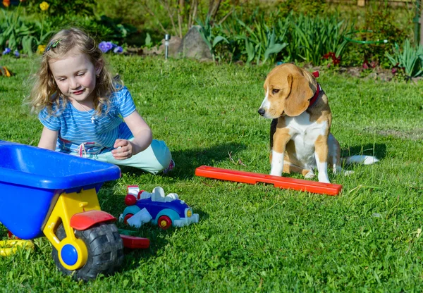 Little girl play with dog in the garden