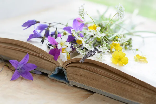 Old book with bouquet of meadow flowers, nostalgic vintage background