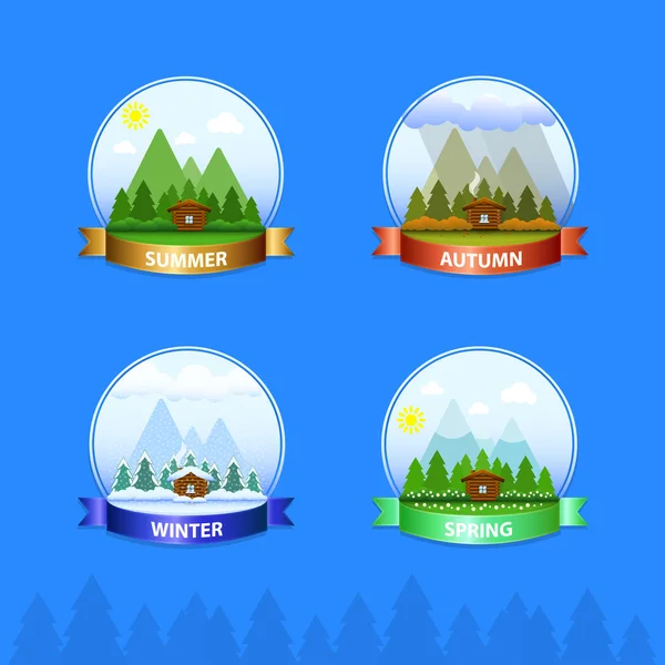 The house icon in the woods on a background of mountains. All seasons: summer, autumn, winter, spring