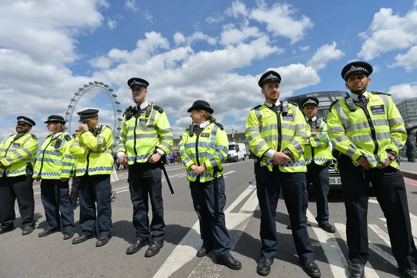 Police stand guard during a rally against government public sector spending cuts following the re-election of the conservative party on May 30, 2015 in London, UK.