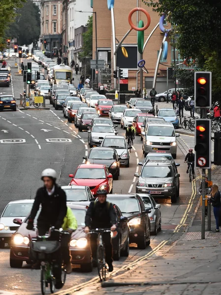 Slow moving traffic snakes its way through the city centre