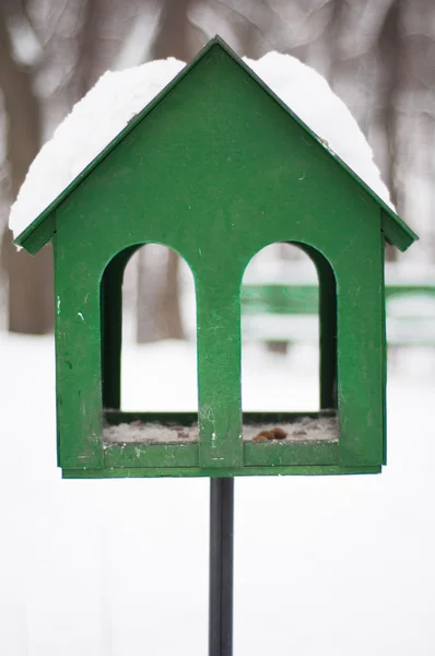 Green bird feeder in the snow