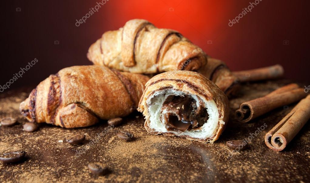 Croissant, closeup, mahlzeit, butter, kruste, dessert, fett, braun ...