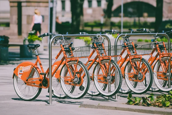 Row of city bikes for rent