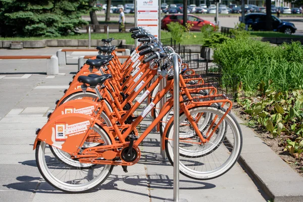 Row of city bikes for rent