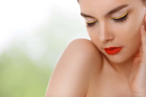Closeup portrait of a beautiful woman with beauty face and clean face skin , glamour makeup
