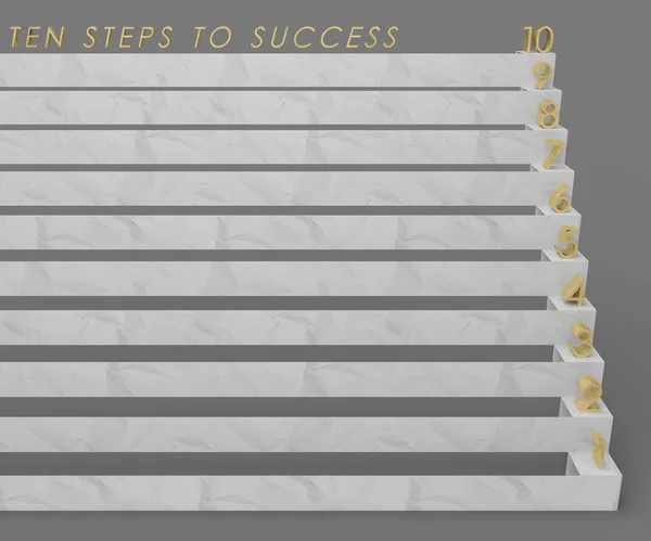 Ten steps to success with gold numerals stairs business background 3D illustration