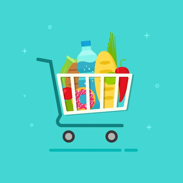 Grocery cart vector illustration, shopping trolley icon with fresh food