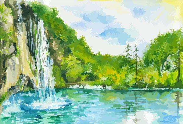 Watercolor landscape with waterfall.