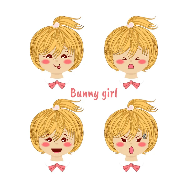 Kawaii vector icon set. Blonde baby girl with different funny, cute emotions, smiles. Happy, angry, grumpy, sly, sweet face, ponytails. Isolated on white background