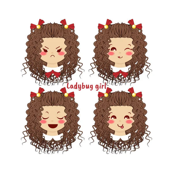 Kawaii vector icon set. Curly baby girl with different funny, cute emotions, smiles. Happy, angry, grumpy, sly, sweet face, ponytails. Isolated on white background