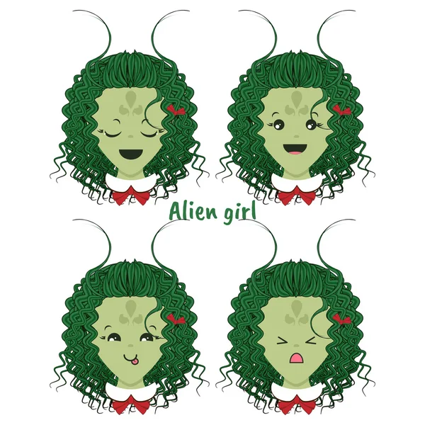 Kawaii vector icon set. Curly alien girl with different funny, cute emotions, smiles. Happy, angry, grumpy, sly, sweet face, ponytails. Isolated on white background