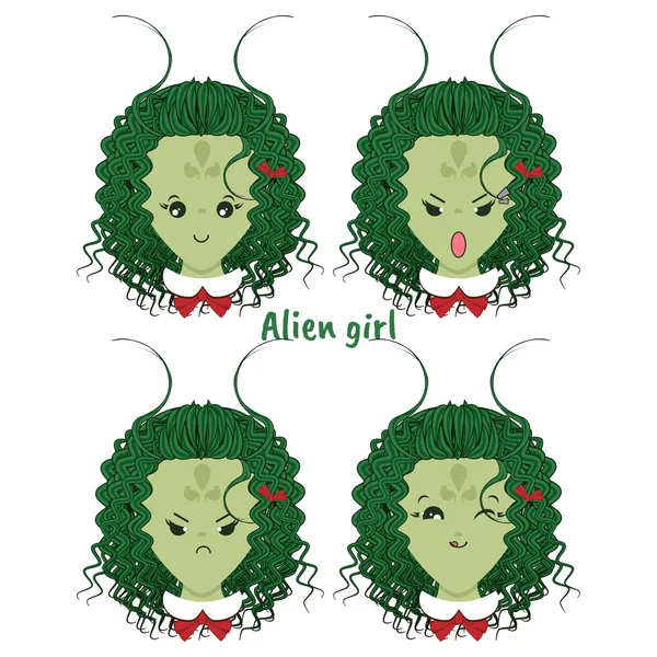 Kawaii vector icon set. Curly alien girl with different funny, cute emotions, smiles. Happy, angry, grumpy, sly, sweet face, ponytails. Isolated on white background