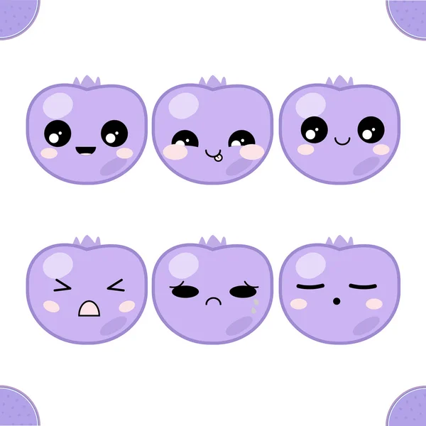 Vector icons set. Kawaii blueberry with leaves. Funny, cute, sweet emotions, smiles. On white background. Flat cartoon style